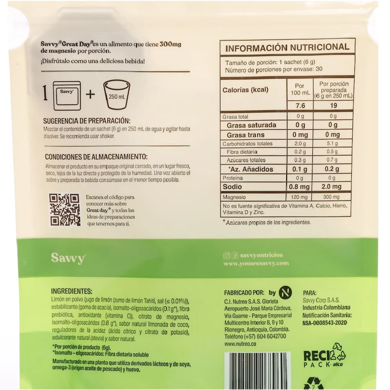 Citrato de magnesio Great Day limonada de coco 180g reverso